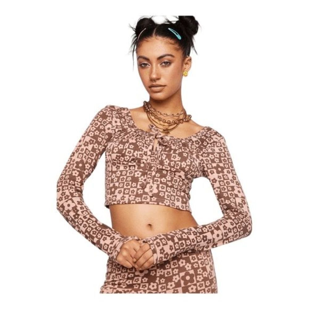 NWT Urban Outfitters Daisy Street Pink Brown Floral Long Sleeve Crop‎ Top Size M